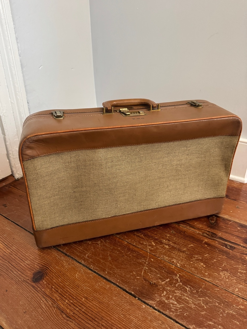 Vintage 60's Brooks Brothers Tan Leather Fabric Suitcase Luggage Combination - Picture 1 of 15